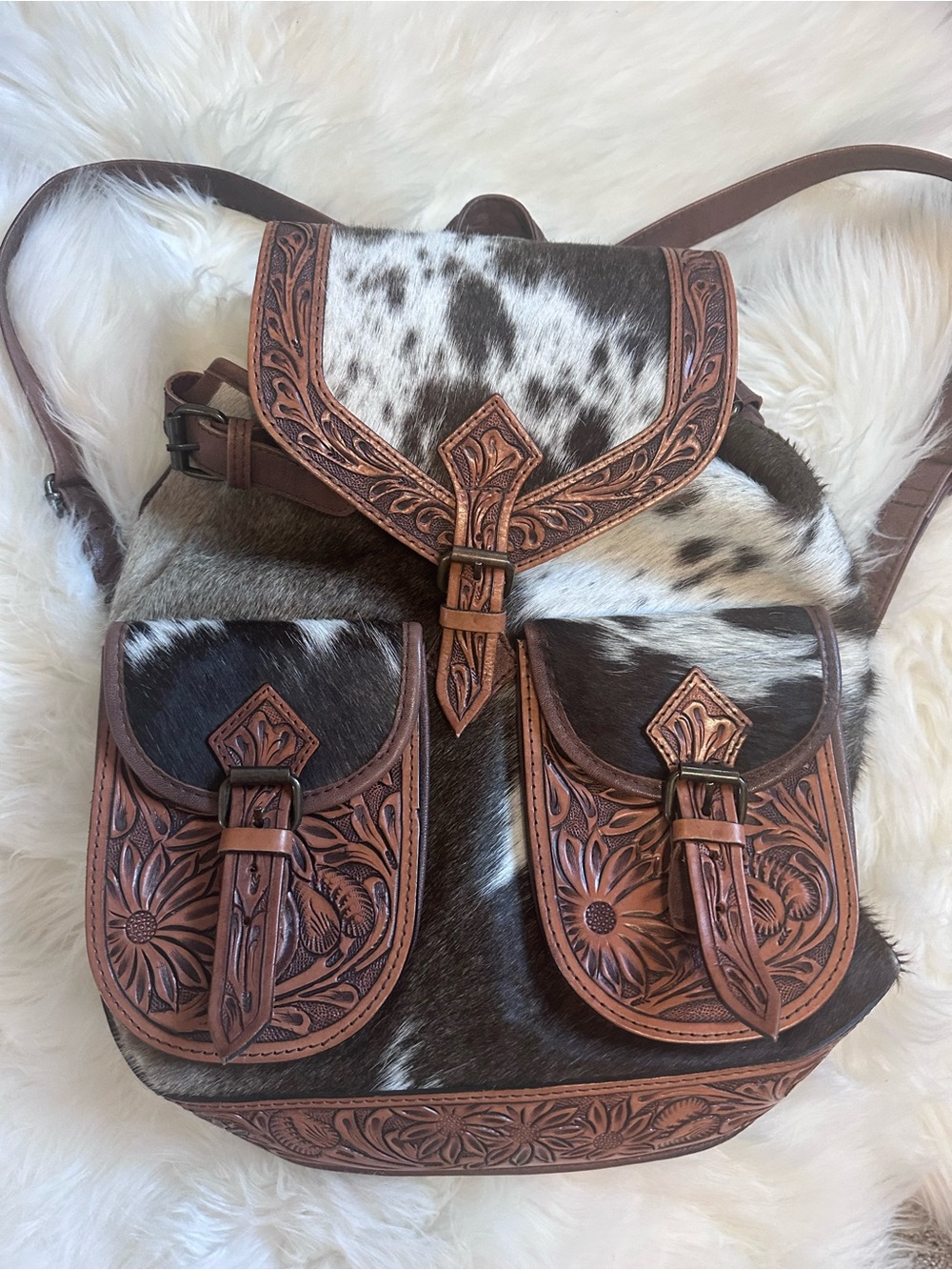 American Darling Brown & White Tooled Cowhide Backpack